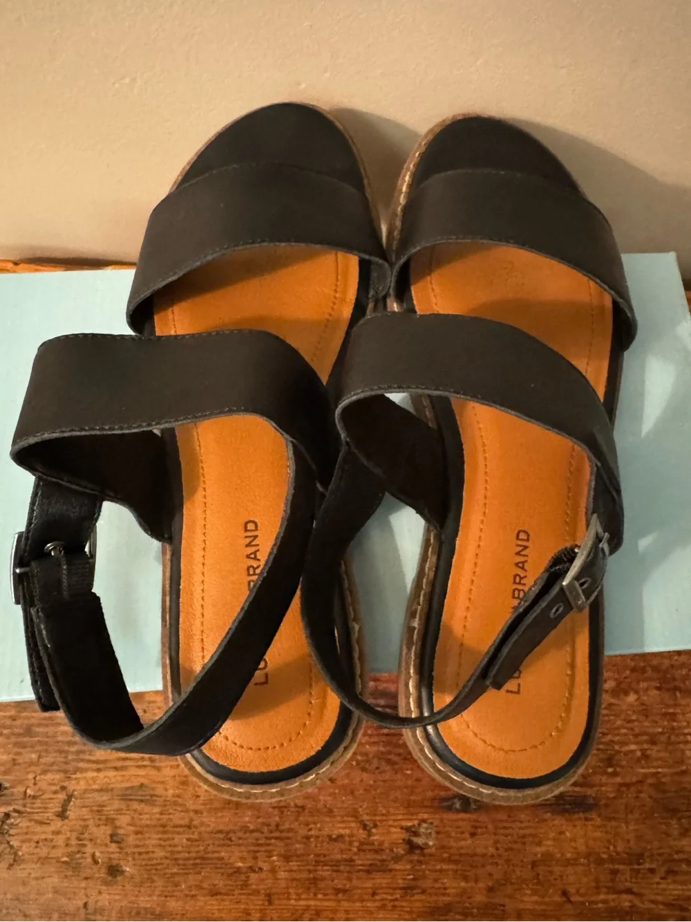 Lucky Brand Black Double-Strap Leather Slingback Sandals, size 9